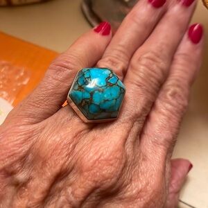 Jay King size6turquoise ring, Sterling silver. Black veining with specs of gold.